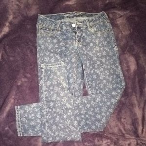 White flower printed blue jeans